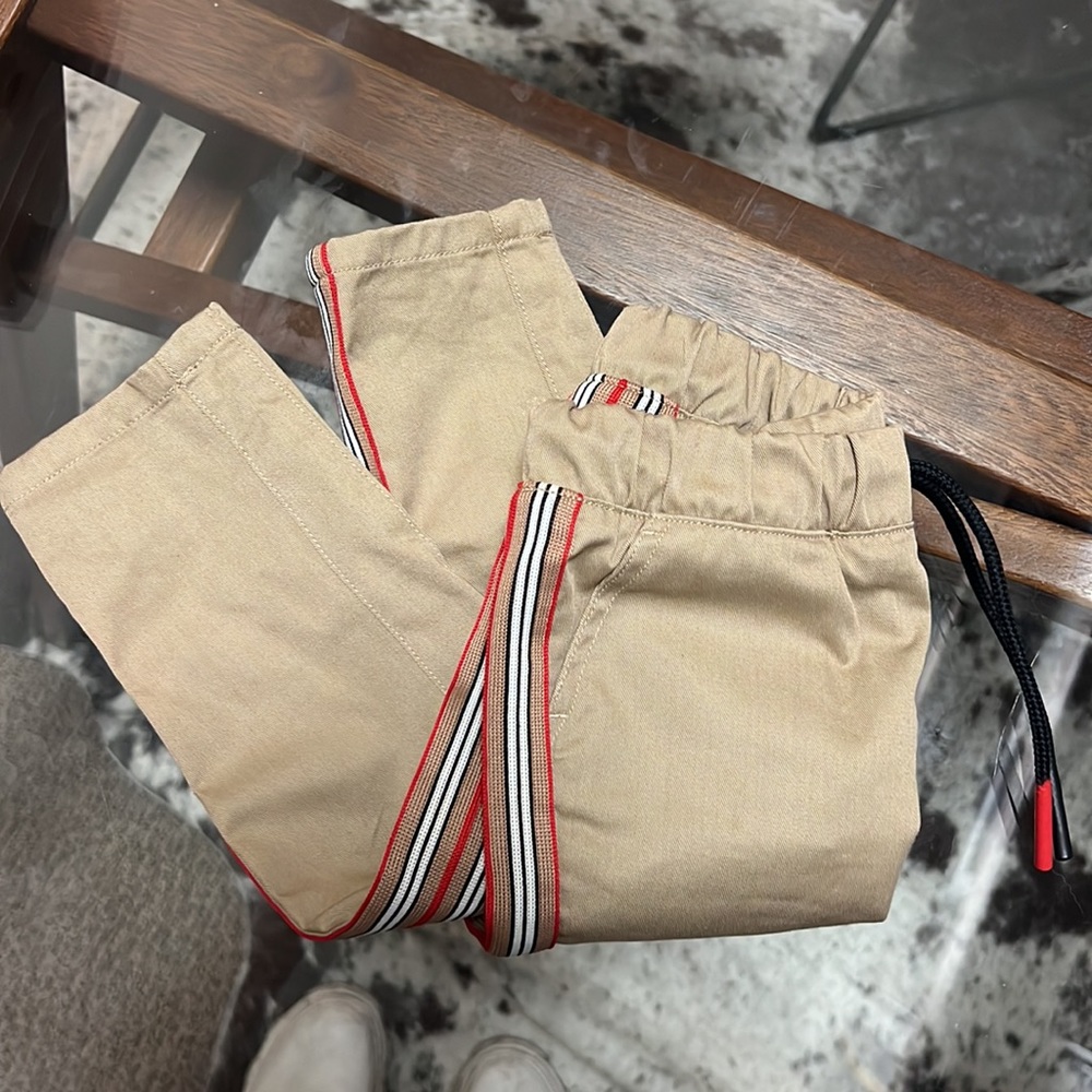 Burberry Khaki Joggers w Tuxedo Striped Panel. Size 12